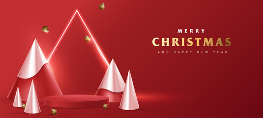 Merry Christmas promotion poster banner with product display cylindrical shape and christmas tree conical shape