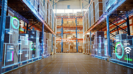 Futuristic Technology Retail Warehouse: Digitalization and Visualization of Industry 4.0 Process that Analyzes Goods, Cardboard Boxes, Products Delivery Infographics in Logistics, Distribution Center