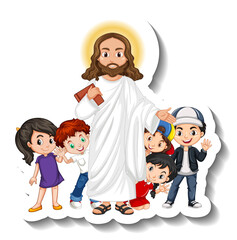 Sticker - Jesus Christ with children group sticker on white background