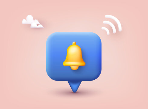 Notification bell icon. 3d render yellow ringing bell with new notification for social media reminder. 3D Web Vector Illustrations.
