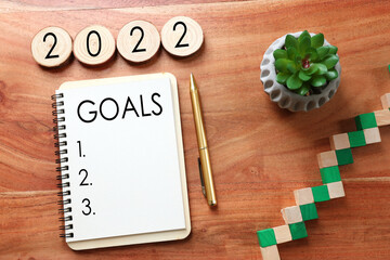 Wall Mural - Business concept of top view 2022 goals list with notebook over wooden desk