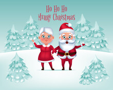 Ho Ho Ho, Merry Christmas! Santa Claus, Mrs Claus, On Winter Snow Background. Cartoon Vector Illustration