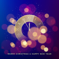 Wall Mural - golden clock dial on magic christmas glitter background with bokeh. vector