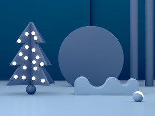 Wall Mural - Minimal christmas scene with podium and tree on an abstract background. Geometric shapes. Blue colors, winter scene with geometrical forms and textured background for product presentation. 3d render. 