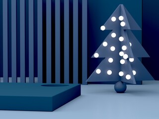 Wall Mural - Minimal christmas scene with podium and tree on an abstract background. Geometric shapes. Blue colors, winter scene with geometrical forms and textured background for product presentation. 3d render. 