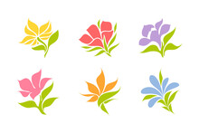 Set Of Multicolored Flowers Like Tulip, Peony, Iris And Other. Vector Logo Marks Templates Collection. Elegant Design Elements Or Icons