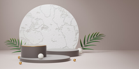 Wall Mural - Empty gray cylinder podium with white concrete arch circle, green palm leaf, ball on old rose background. Abstract pastel minimal studio. Mockup space for cosmetic display design. 3d rendering.