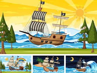 Wall Mural - Set of Ocean with Pirate ship at different times scenes  in cartoon style