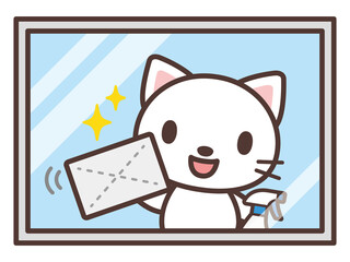 窓を拭く猫のかわいいキャラクター　Cartoon cat cleaning a window