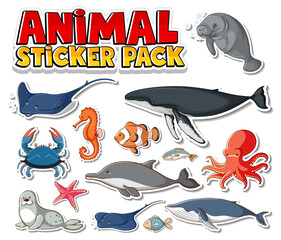 Canvas Print - Cute sea animals sticker pack isolated