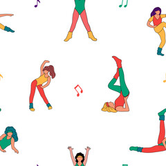 Aerobic seamless pattern. Trendy 80s years sport outfit. Old fashion sport clothes. Hand drawn vector illustration. Workout, fitness.