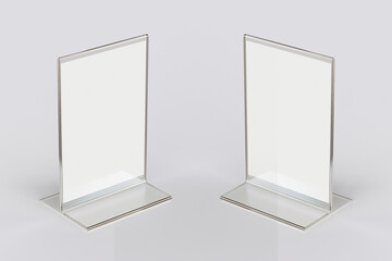 Empty blank transparent flyer stand Mock up isolated on a grey background. 3d rendering.
