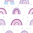 Seamless pattern with hand drawn Boho rainbows on white background. Pink and purple abstract rainbows. Vector illustration.