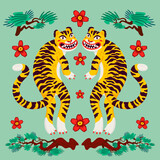 Fototapeta Dinusie - Asian Tiger symmetrical composition, vector tigers, and japanese pine branches and flowers in cartoon asian style. Organic flat style vector illustration.
