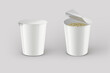 Empty blank white open noodles cup Mock up isolated on gray background. Ramen instant noodle cup . food cup packaging for dairy , instant ramen noodle or desert with clipping path. 3d rendering.