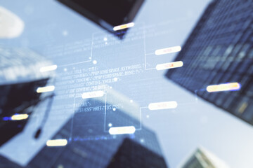 double exposure of abstract programming language interface on modern skyscrapers background, researc