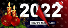 Happy New Year 2022, Christmas Composition Folded Sheet With Stars, Burning Candles