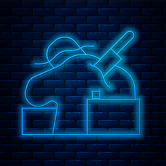 Sticker - Glowing neon line Murder icon isolated on brick wall background. Body, bleeding, corpse, bleeding icon. Concept of crime scene. Vector