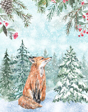 Magical And Festive Winter Forest Background Scene. Watercolor Fox, Snowy Pine Trees, Spruce Branches, Falling Snow Hand Painted Illustration. Christmas And New Year Card.