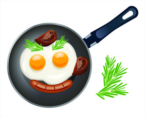 Overhead view above of delicious sausages in a frying pan  with two fried eggs. Rosemary and tomato slice . English breakfast in cooking pan with fried eggs and sausages.Vector illustration of cooking