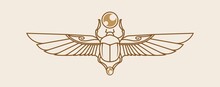 Egyptian Sacred Scarab Wall Art Design. Beetle With Wings Vector Illustration Logo, Personifying The God Khepri. Symbol Of The Ancient Egyptians