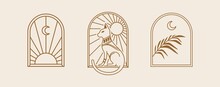 Bohemian Line Logo Art. Icon And Symbols With Cat, Sun And Moon. Arch Window Design Geometric Abstract Design Elements For Decoration Vector Illustration