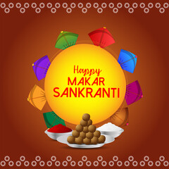 Wall Mural - Happy makar sankranti celebration greeting card with vector colorful kite, sweet ans string spool