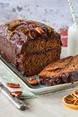 Sticker - Homemade ginger loaf cake with plum marmalade, pecan nuts and chocolate ganache