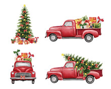 Christmas Red Vintage Pick Up With Christmas Tree And Gifts. Hand Painted Watercolor Illustration Isilated On White Background