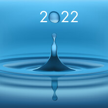 Carte De Voeux écologique Avec Une Goutte D’eau En Suspension, Symbole De Pureté, Qui Forme Le Zéro De L’année 2022.