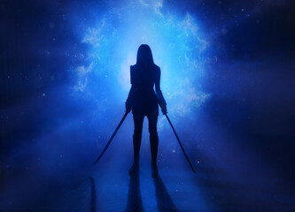 Wall Mural - Dark black silhouette of a fantasy woman warrior assassin holding two katana swords. Dark background with bright blue light fairy tale portal to a parallel futuristic universe. Neon flash warrior girl
