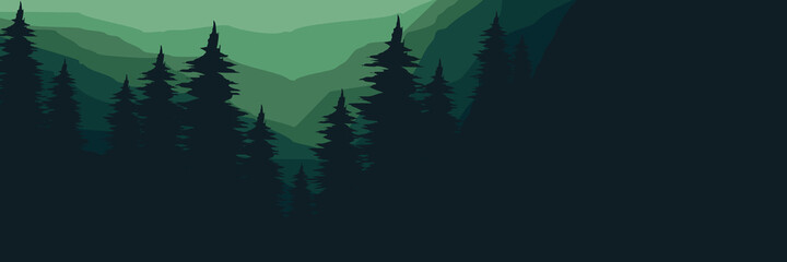 Wall Mural - forest at mountain cliff flat design vector illustration good for web banner, ads banner, tourism banner, wallpaper, background template, and adventure design backdrop