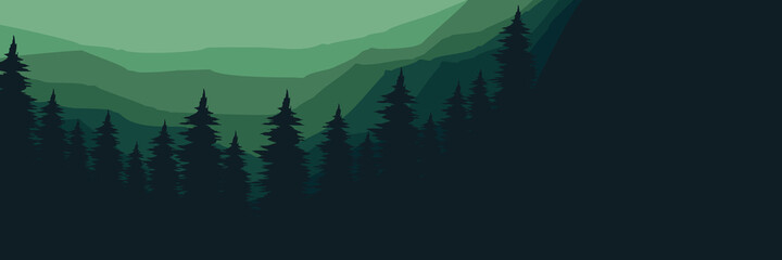 Wall Mural - forest at mountain cliff flat design vector illustration good for web banner, ads banner, tourism banner, wallpaper, background template, and adventure design backdrop