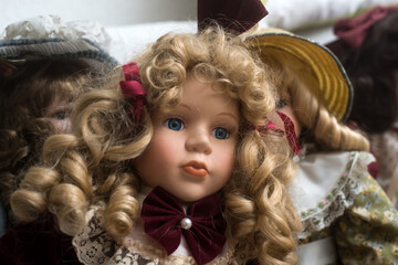 Portrait of vintage dolls at flea market in the street