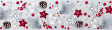 Christmas decorative border and background made of festive decoration elements. New Year concept. White and red color.| 