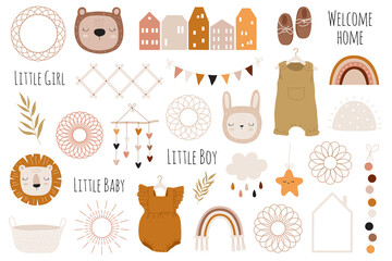 vector hand drawn baby shower collection with houses, clothes, animals, decor elements for nursery, 