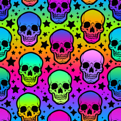 Wall Mural - seamless illustration of neon bright human skulls and stars