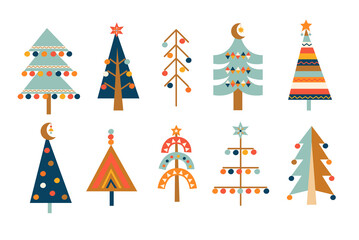 big set of hand drawn christmas trees with toys in scandinavian style. xmas isolated cozy decor elem