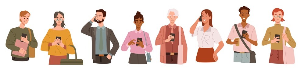 people using mobile phone. set of characters with smartphones. modern technology, addiction to gadge