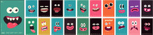 Emotions, Cartoon Faces, Funny Monsters. Mega Collection Of Posters. Big Set Of Vector Illustrations. Simple Background Pictures, Perfect For Posters, Banners, T-shirt Print, Desktop Wallpaper.