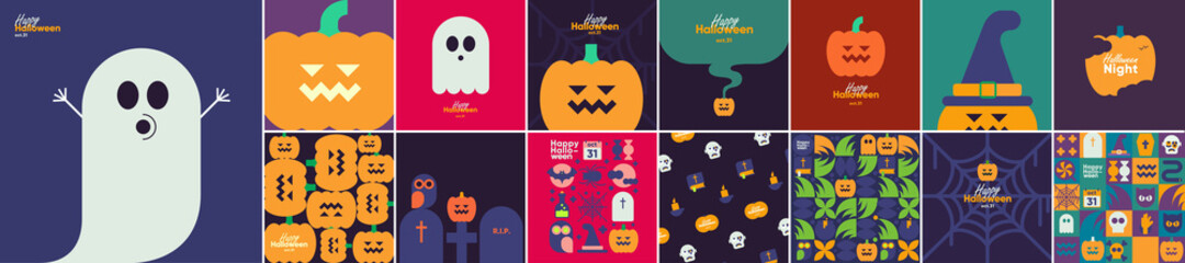 Wall Mural - Happy Halloween. Mega set. October 31. A set of simple vector illustrations. Minimalist, geometric, background. Pattern Collection. Perfect for poster, media banner, cover or postcard.