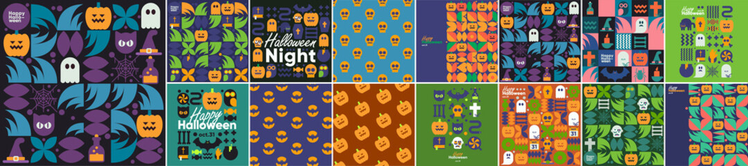 Happy Halloween. Mega set. October 31. A set of simple vector illustrations. Minimalist, geometric, background. Pattern Collection. Perfect for poster, media banner, cover or postcard.