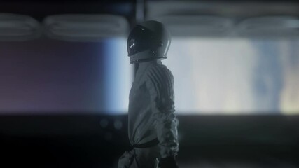 Wall Mural - astronaut going through the tunnel to another compartment of futuristic spaceship
