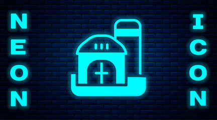 Wall Mural - Glowing neon Farm house icon isolated on brick wall background. Vector