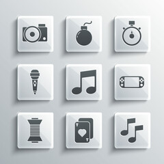 Sticker - Set Playing cards, Music note, tone, Portable video game console, Sewing thread spool, Microphone, Photo camera and Stopwatch icon. Vector