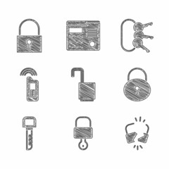 Wall Mural - Set Open padlock, Lock and key, Broken or cracked, Key, Car with remote, Bunch of keys and icon. Vector