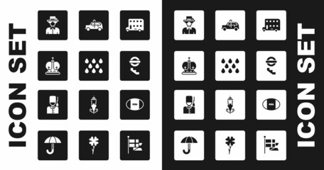 Sticker - Set Double decker bus, Water drop, British crown, Queen Elizabeth, London underground, Taxi car, Rugby ball and soldier icon. Vector