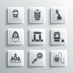 Wall Mural - Set Magnifying glass, Watch with chain, Coffee cup to go, Stonehenge, British crown, police helmet, Tram and railway and England map icon. Vector