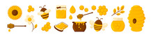 Honey Vector Set, Bee And Jar, Flowers, Honeycomb And Pot Icons Isolated On White Background. Cartoon Gold Illustration