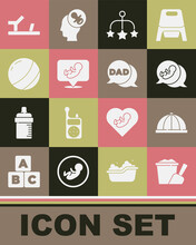 Set Sand In Bucket With Shovel, Baby Hat, Crib Hanging Toys, Beach Ball, Shoes And Speech Bubble Dad Icon. Vector